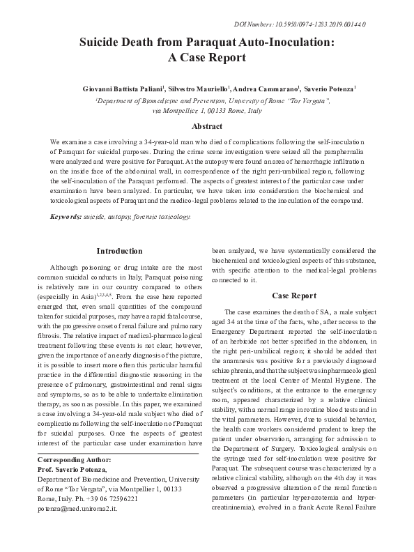 (PDF) Suicide Death from Paraquat Auto-Inoculation: A Case Report
