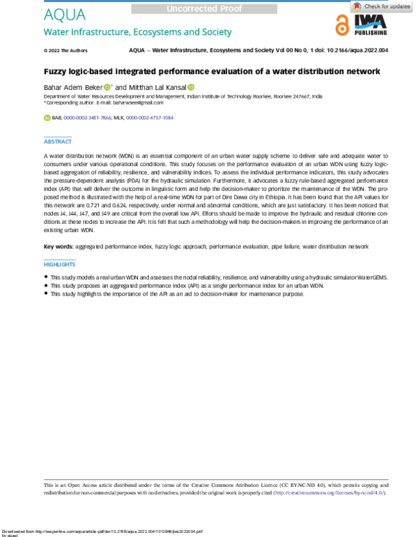 (PDF) Fuzzy Logic Evaluation of Water Networks