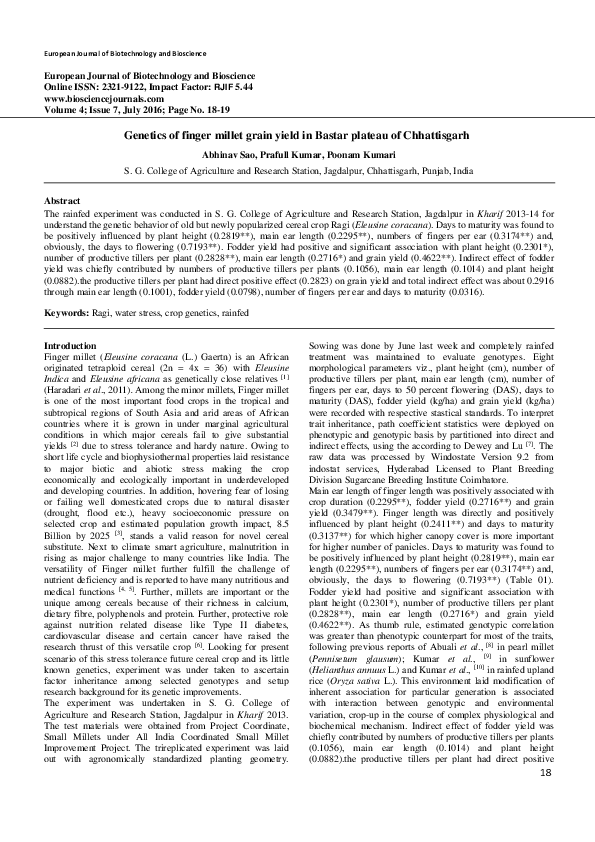 (PDF) of finger millet grain yield in Bastar plateau of