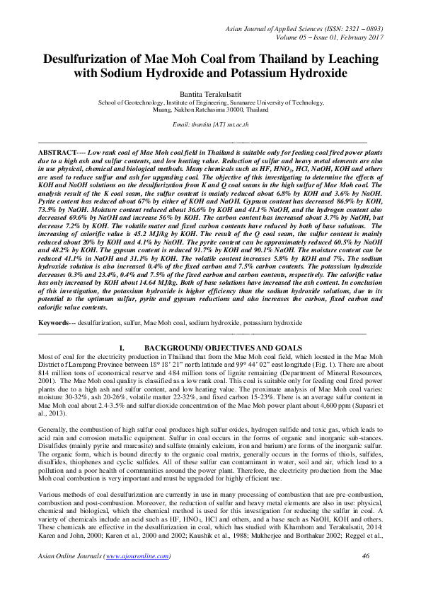(PDF) Desulfurization of Mae Moh Coal from Thailand by Leaching with ...