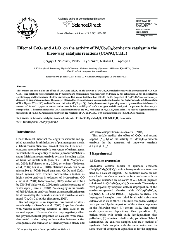 (PDF) Effect of CeO2 and Al2O3 on the activity of Pd/Co3O4/cordierite ...
