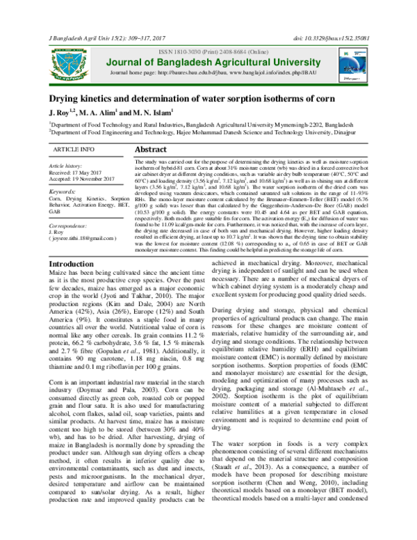 (PDF) Drying kinetics and determination of water sorption isotherms of corn