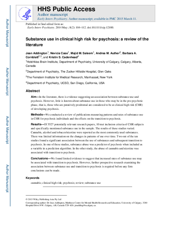 (PDF) Substance use in clinical high risk for psychosis: a review of ...