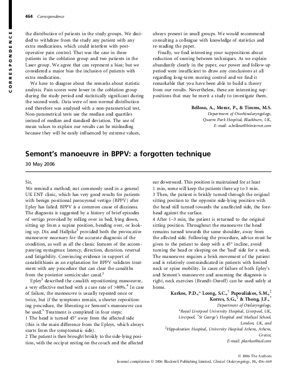(PDF) Semont's manoeuvre in BPPV: a forgotten technique