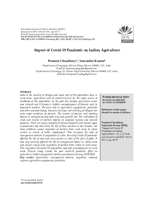 (PDF) Impact of Covid-19 Pandemic on Indian Agriculture