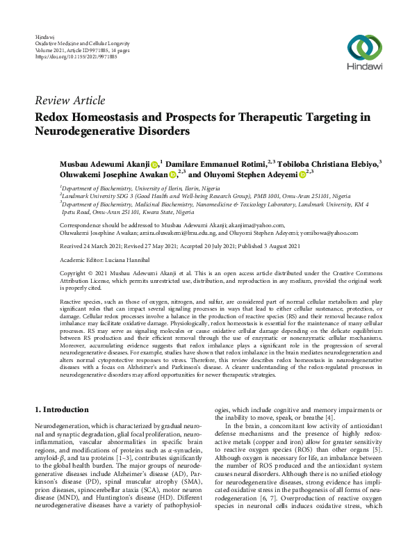 (PDF) Redox Homeostasis and Prospects for Therapeutic Targeting in ...