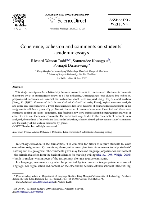 (PDF) Coherence, cohesion and comments on students’ academic essays