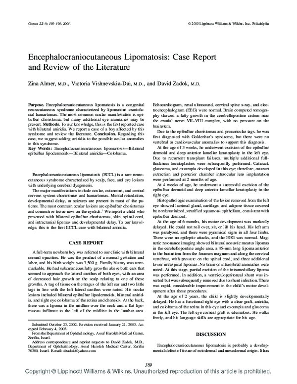 (PDF) Encephalocraniocutaneous Lipomatosis: Case Report and Review of ...