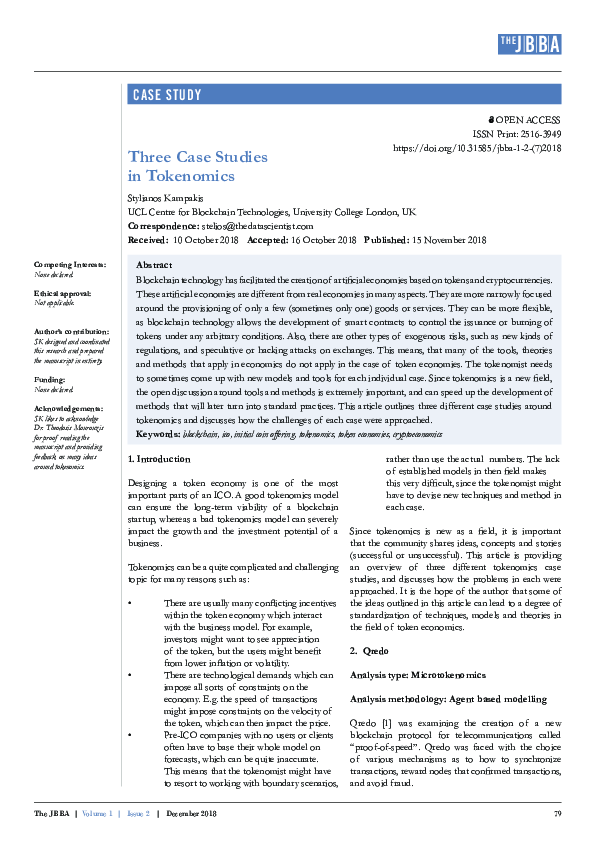 (PDF) Three Case Studies in Tokenomics