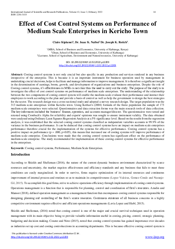 (PDF) Effect of Cost Control Systems on Performance of Medium Scale ...