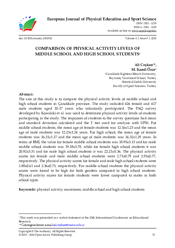 (PDF) Comparison of Physical Activity Levels of Middle School and High ...