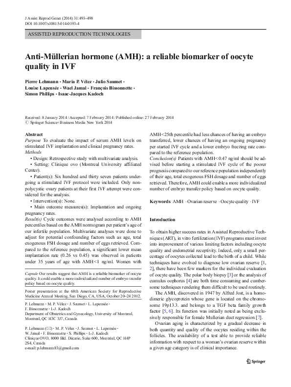 (PDF) Anti-Müllerian hormone (AMH): a reliable biomarker of oocyte ...