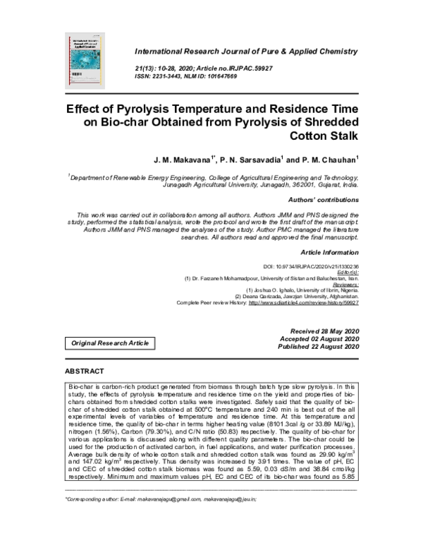 (PDF) Effect of Pyrolysis Temperature and Residence Time on Bio-char ...