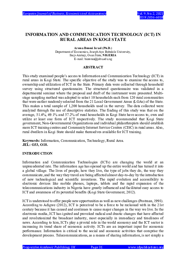(PDF) INFORMATION AND COMMUNICATION TECHNOLOGY (ICT) IN RURAL AREAS IN ...
