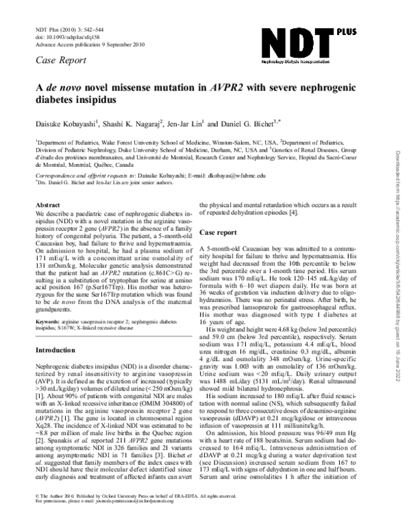(PDF) A de novo novel missense mutation in AVPR2 with severe ...