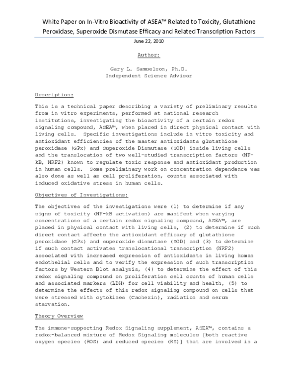 asea glutathione PDF) White Paper on In-Vitro Bioactivity of ASEA TM Related to Toxicity ,  Glutathione