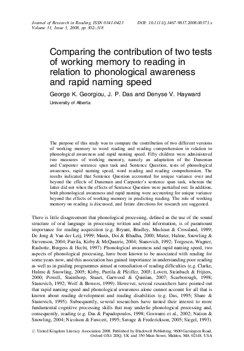 (PDF) Comparing the contribution of two tests of working memory to ...