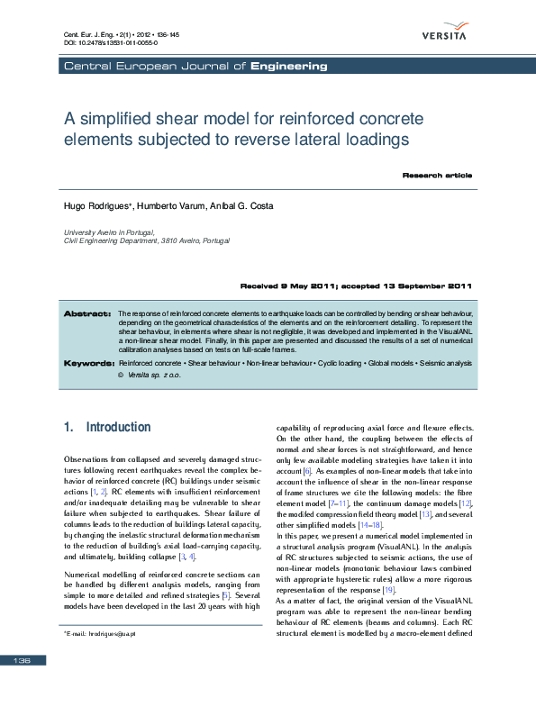 (PDF) A simplified shear model for reinforced concrete elements ...