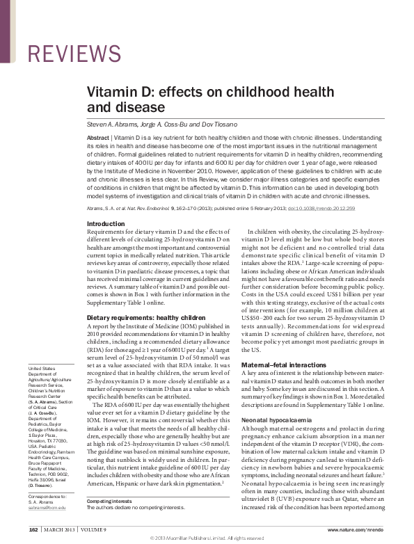 (PDF) Vitamin D: effects on childhood health and disease