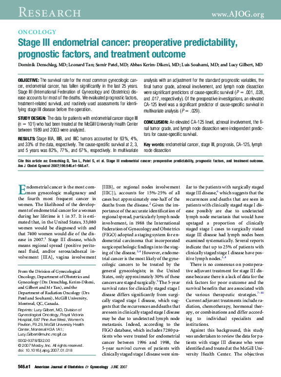(PDF) Prognostic Factors in Stage III Endometrial Cancer