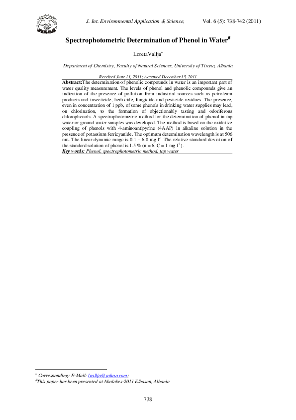 (PDF) Spectrophotometric determination of phenol in air
