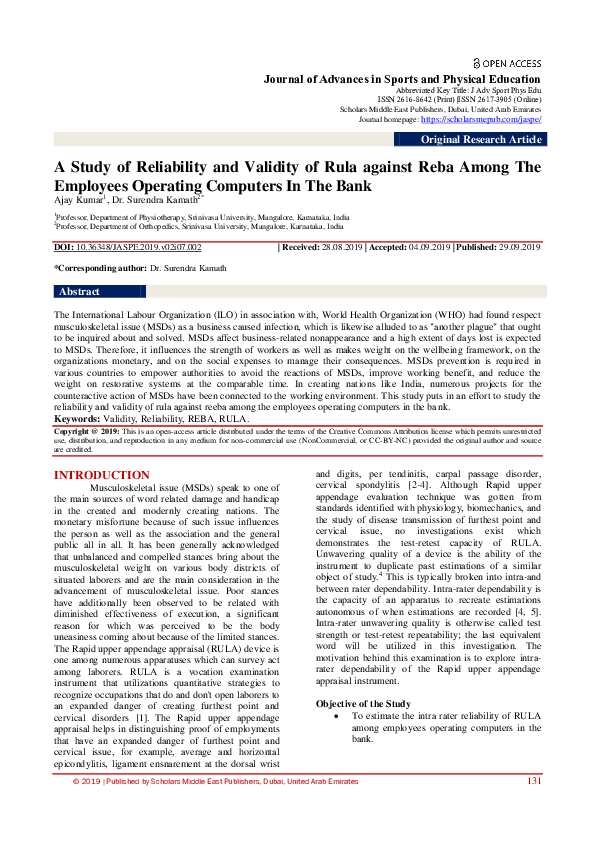 (PDF) A Study of Reliability and Validity of Rula against Reba Among ...