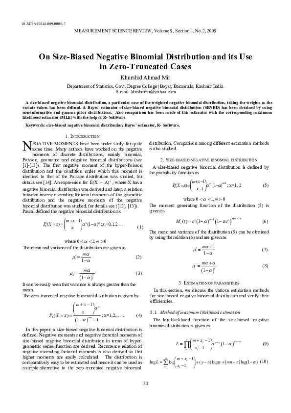 (PDF) On Size-Biased Negative Binomial Distribution and its Use in Zero ...