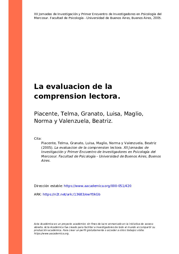  PDF La Evaluacion De La Comprension Lectora Norma Valenzuela 
