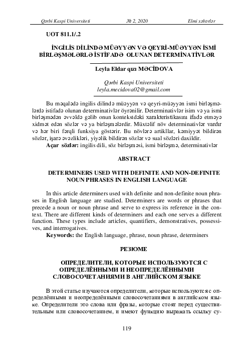 (PDF) Determiners used with definite and non-definite noun phrases in ...
