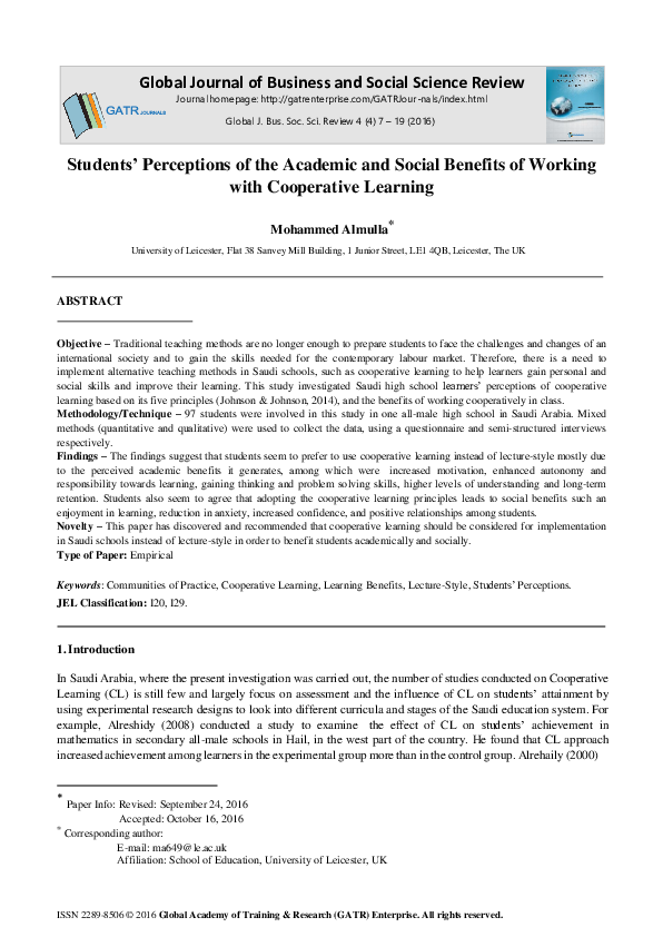 (PDF) Students' Perceptions of the Academic and Social Benefits of ...