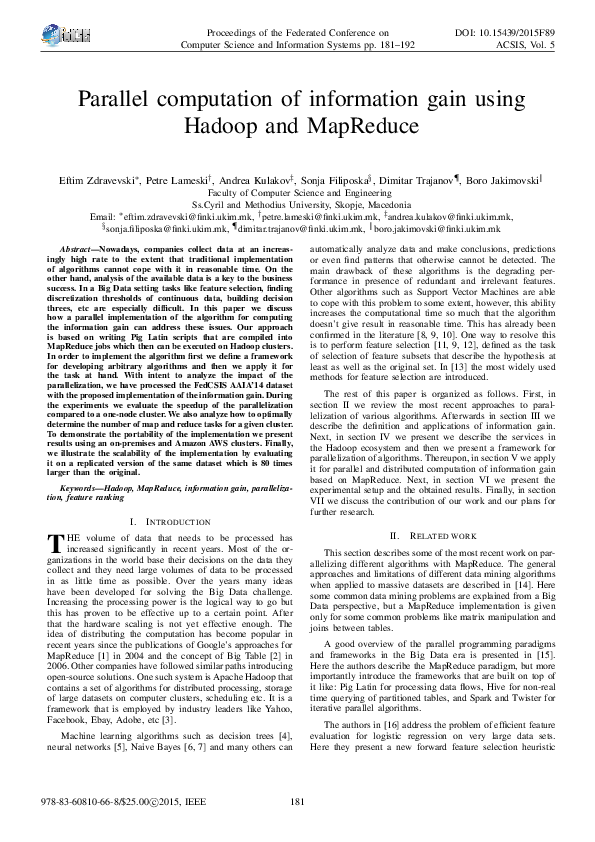 (PDF) Parallel computation of information gain using Hadoop and MapReduce