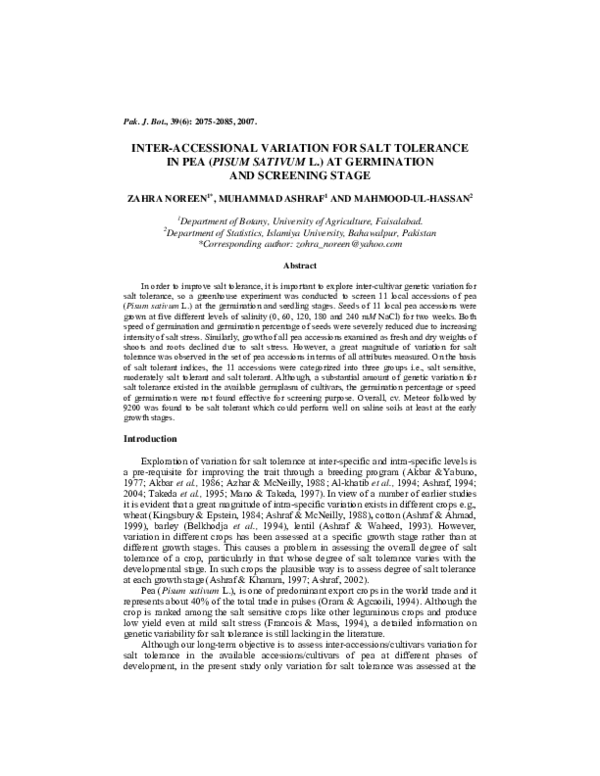 (PDF) Inter-accessional variation for salt tolerance in pea (Pisum ...