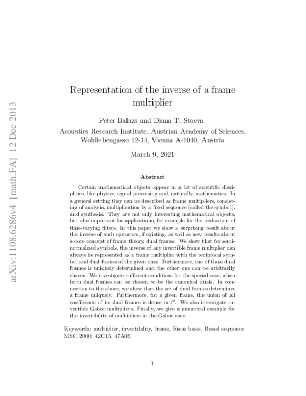 (PDF) Representation of the inverse of a frame multiplier