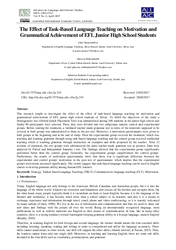 (PDF) The Effect of Task-Based Language Teaching on Motivation and ...
