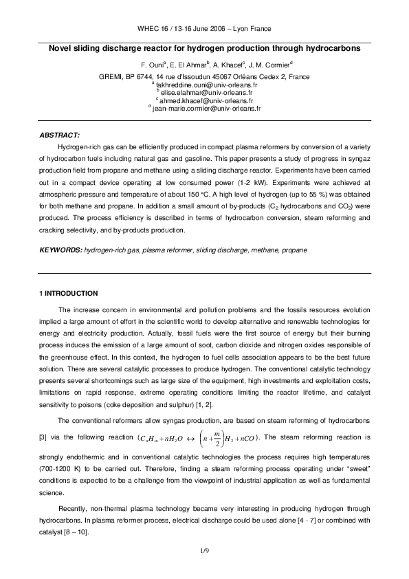 (PDF) Novel sliding discharge reactor for hydrogen production through ...