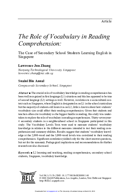 (PDF) The role of vocabulary in reading comprehension