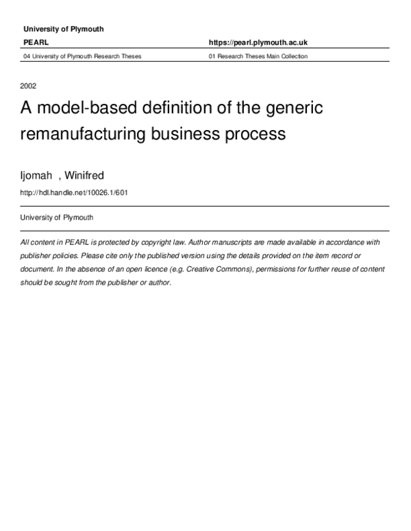 (PDF) A model based definition of the generic remanufacturing business process Winifred Ijomah