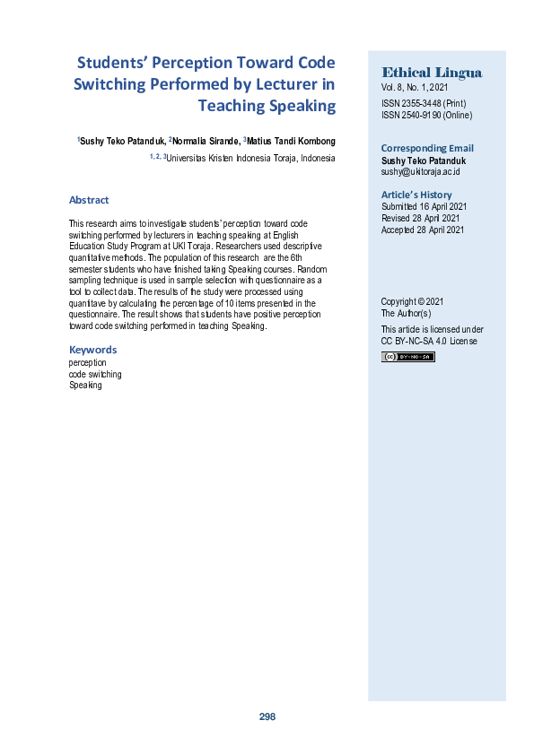 (PDF) Students’ Perception Toward Code Switching Performed by Lecturer ...
