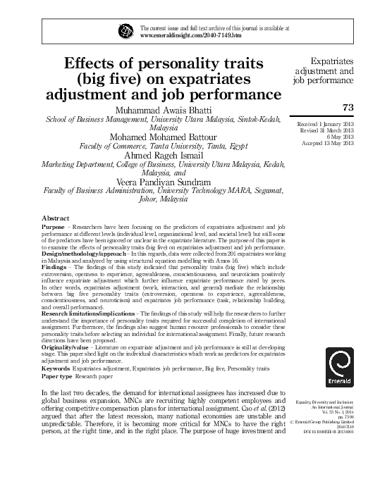 (PDF) Effects of personality traits (big five) on expatriates ...