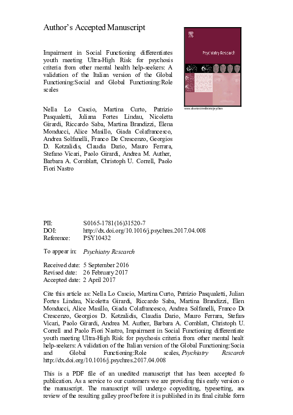 (PDF) Impairment in Social Functioning differentiates youth meeting ...