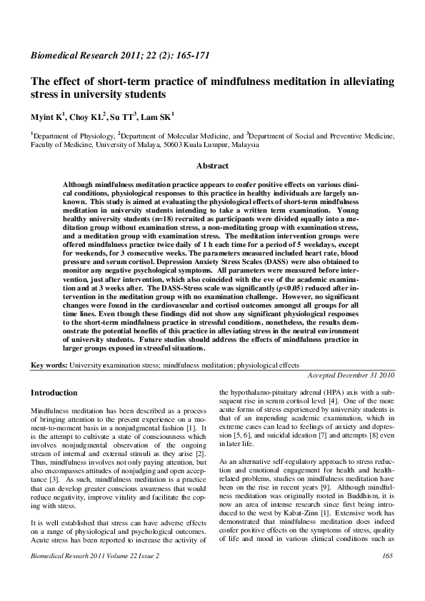 (PDF) The effect of short-term practice of mindfulness meditation in ...