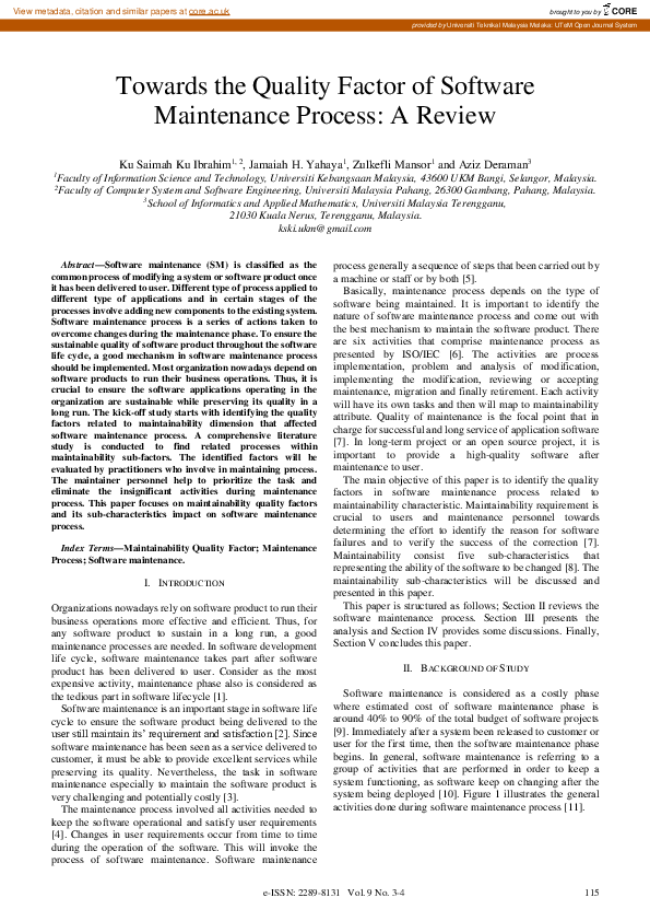 (PDF) Towards the Quality Factor of Software Maintenance Process: A Review