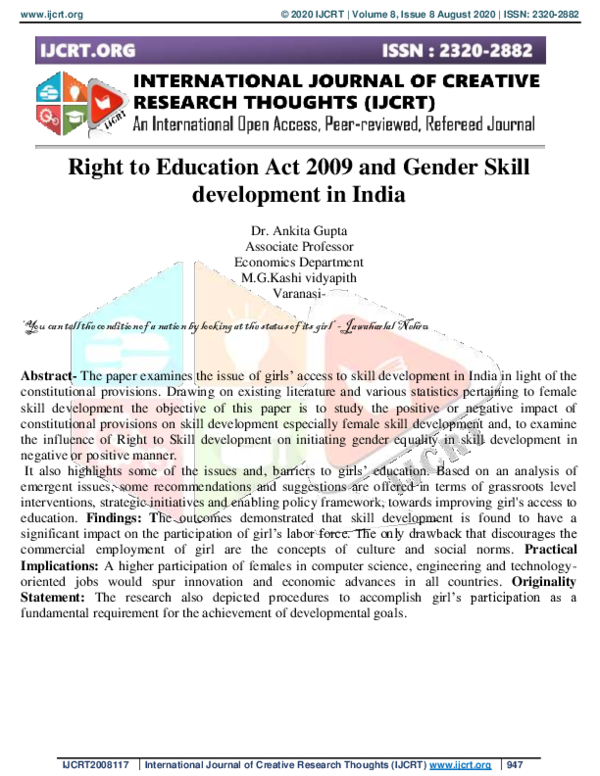 (PDF) Right to Education Act 2009 and Gender Skill development in India
