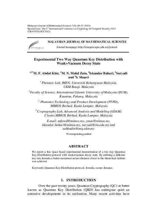 (PDF) Two way Quantum Key Distribution protocol with Weak+Vacuum decoy ...