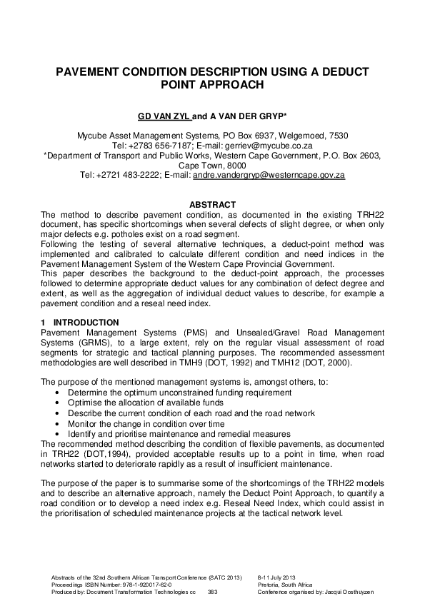 (PDF) Pavement condition description using a deduct point approach