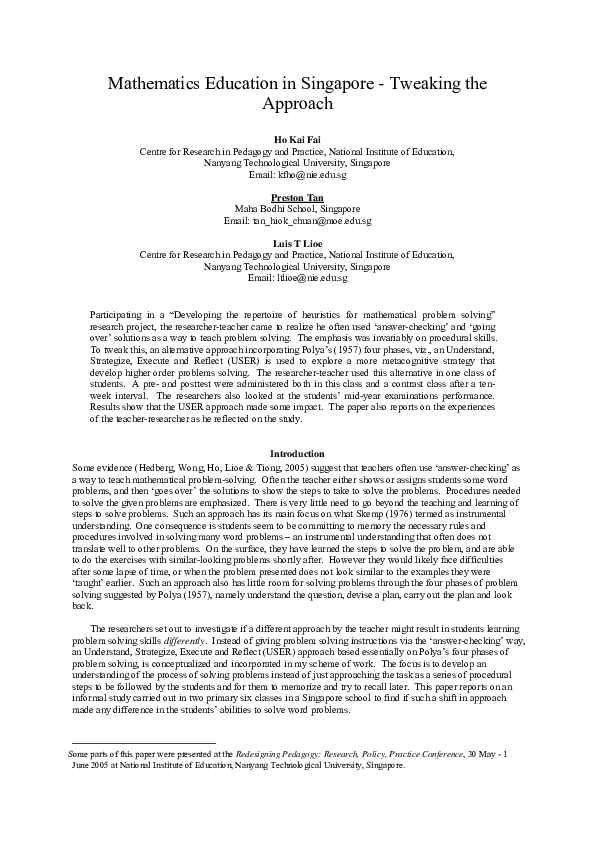 (PDF) Mathematics education in Singapore: Tweaking the approach