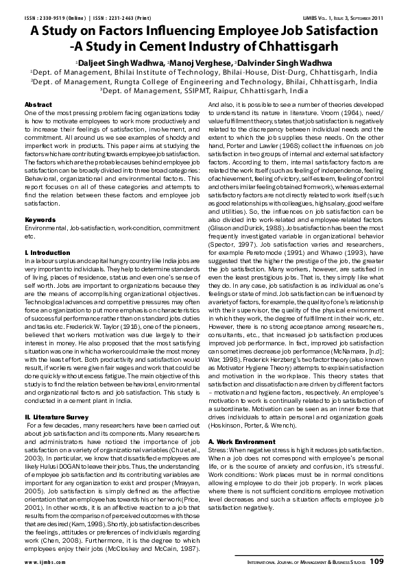 (PDF) A Study on Factors Influencing Employee Job Satisfaction -A Study ...