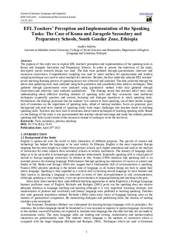 (PDF) EFL Teachers' Perception and Implementation of the Speaking Tasks ...