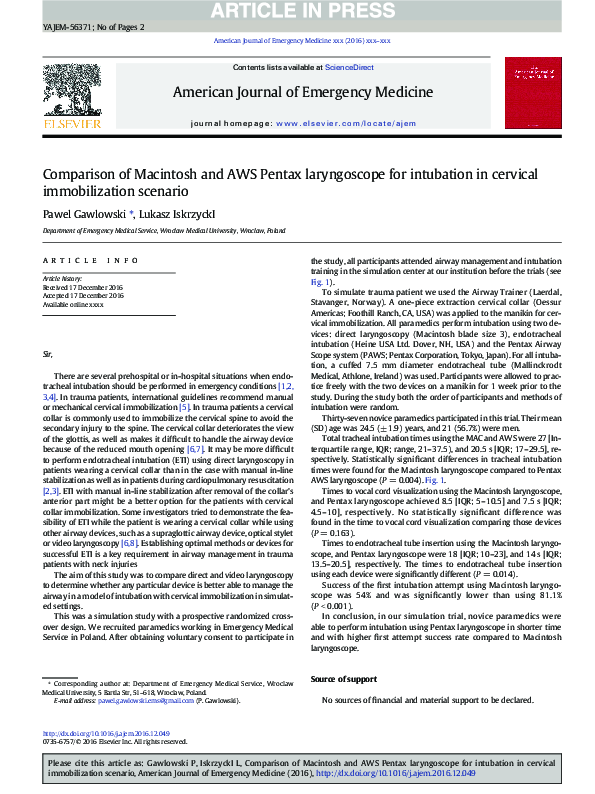 (PDF) Comparison of Macintosh and AWS Pentax laryngoscope for ...