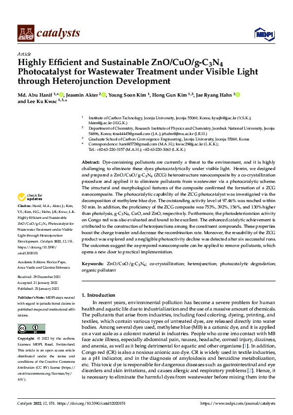 (PDF) Highly Efficient and Sustainable ZnO/CuO/g-C3N4 Photocatalyst for ...